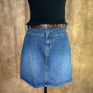 Vintage Y2K Hot Kiss Mini Skirt Blue Jean Denim Paneled Pockets Indie Sleaze